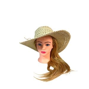 Scala Collezione Boho Natural Paper Straw Crochet Wide Brim Floppy Sun Hat OS